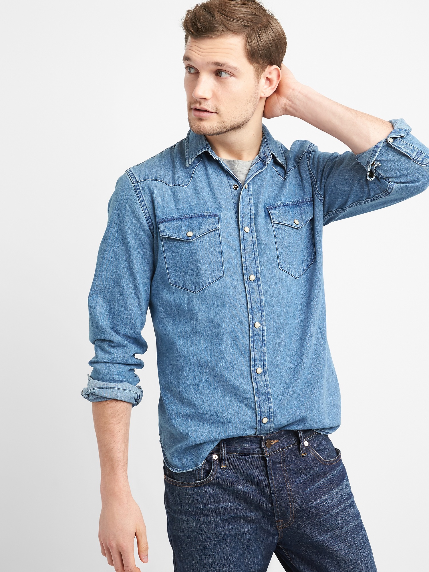 denim pearl snap shirt mens