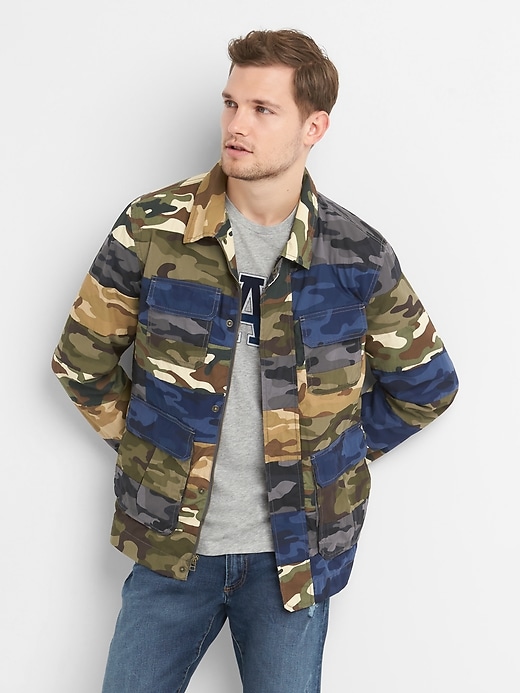 Image number 1 showing, Camo Patchwork Military Jacket in Poplin