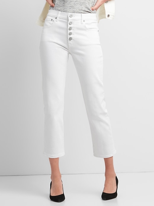 Image number 1 showing, High Rise Straight Crop Jeans with Button-Fly