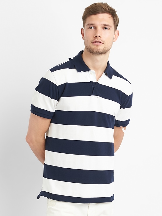 Image number 1 showing, Rugby Stripe Pique Polo Shirt in Stretch