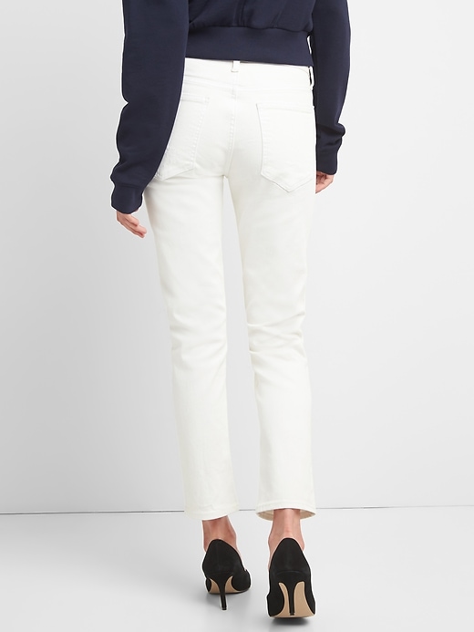 2 of 8 showing, with the color (White) Off White of product High Rise Slim Straight Jeans with Distressed Detail