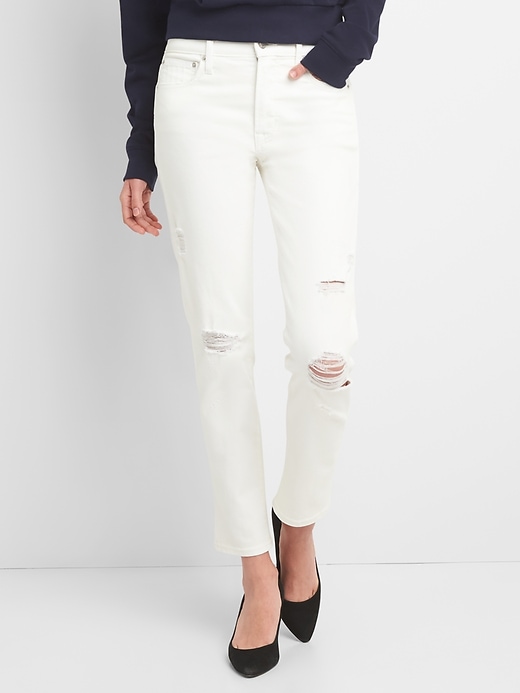 Image number 1 showing, High Rise Slim Straight Jeans with Distressed Detail