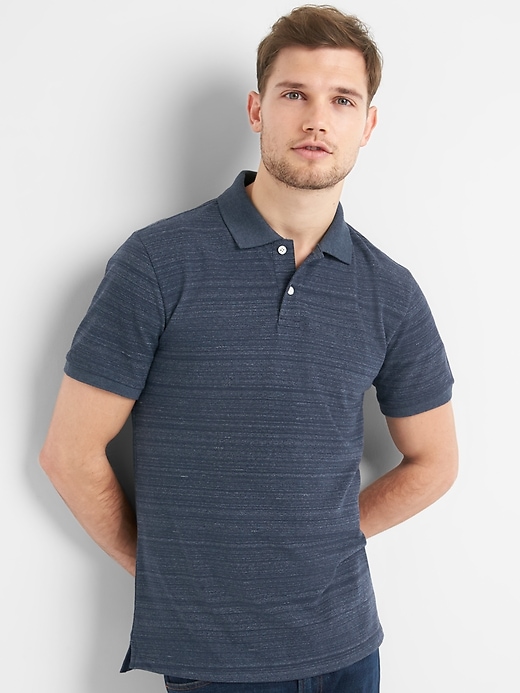 1 of 8 showing, with the color navy spacedye of product Short Sleeve Pique Polo Shirt in Stretch