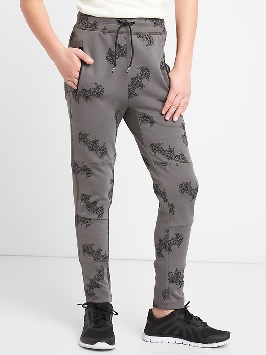2 of 8 showing, with the color heather grey of product GapFit Kids &#124 DC™ Batman Tech Pants