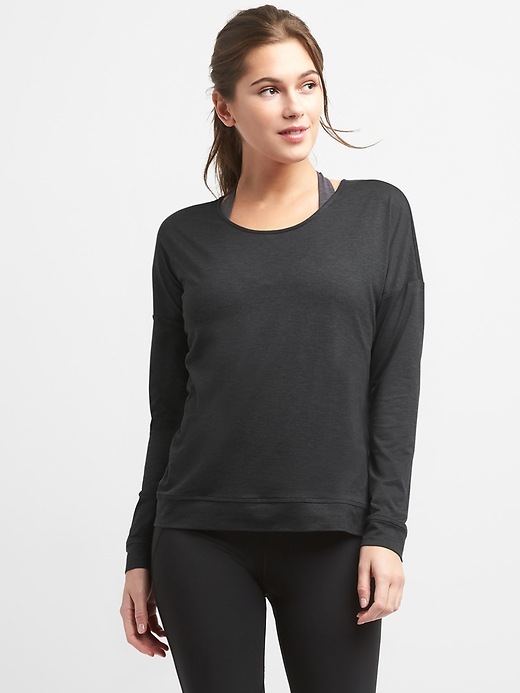 2 of 8 showing, with the color true black of product GapFit Cross-Back Sweatshirt in Brushed Jersey