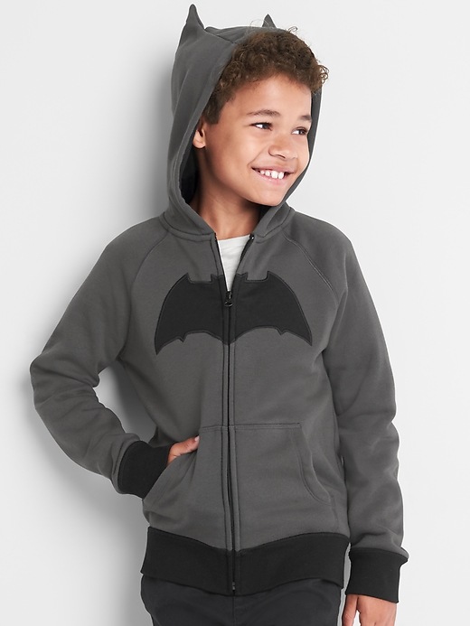 2 of 8 showing, with the color soft black of product GapKids &#124 DC™ Justice League raglan zip hoodie