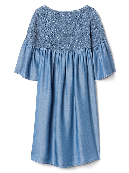 Image number 1 showing, Smocked Bell-Sleeve Dress in Chambray
