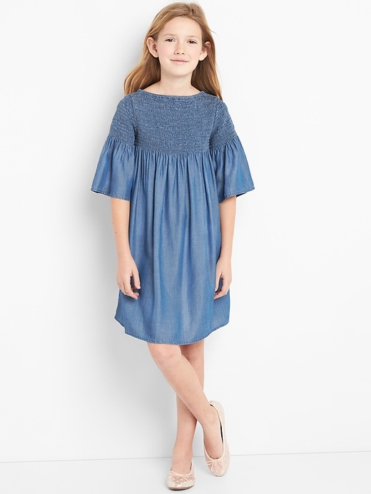 Image number 2 showing, Smocked Bell-Sleeve Dress in Chambray