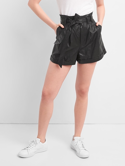 1 of 8 showing, with the color true black of product High Rise 3" Paper Leather Short