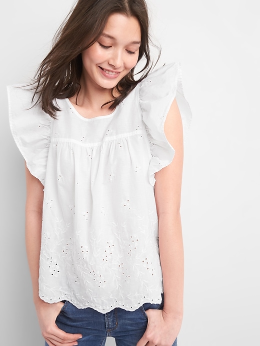 View large product image 1 of 1. Eyelet Embroidery Flutter Sleeve Top