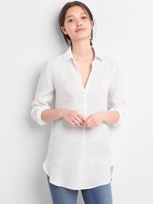 Image number 1 showing, Popover Boyfriend Tunic Shirt in Linen