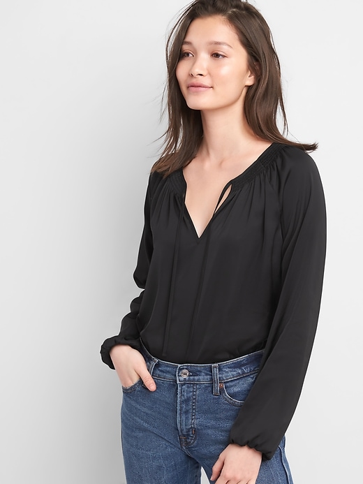 View large product image 1 of 1. Long Sleeve Tie-Neck Blouse