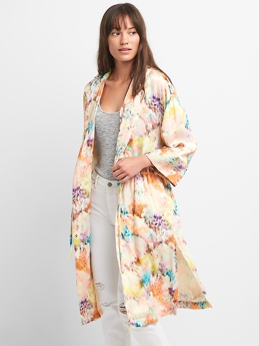 Image number 1 showing, Hooded Print Kimono Jacket in Satin
