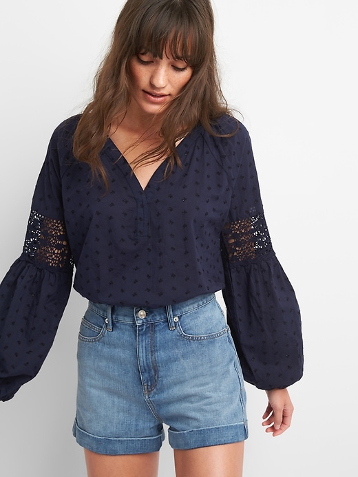 View large product image 1 of 1. Crochet Long Sleeve Embroidered Blouse