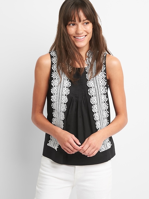 View large product image 1 of 1. Sleeveless Pintuck Lace-Detail Blouse
