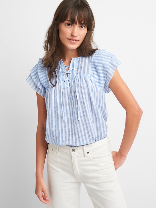 1 of 8 showing, with the color blue stripe of product Ruffle Short Sleeve Stripe  Smock Top