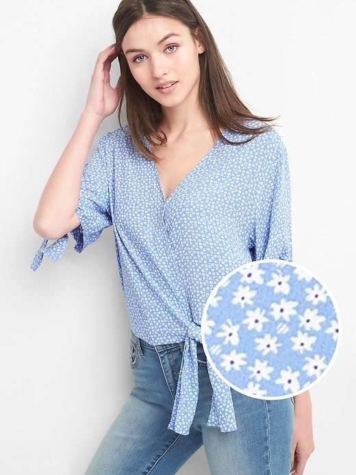 View large product image 1 of 1. Short Sleeve Wrap-Front Tie Blouse
