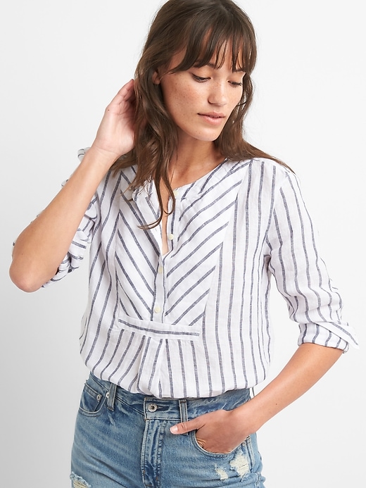 View large product image 1 of 1. Stripe Bib-Front Shirt in Linen