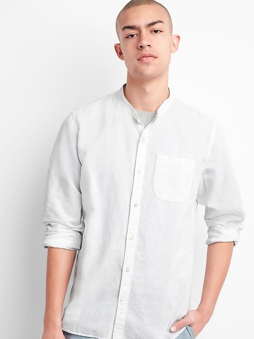 View large product image 1 of 1. Standard Fit Band Collar Shirt in Linen-Cotton