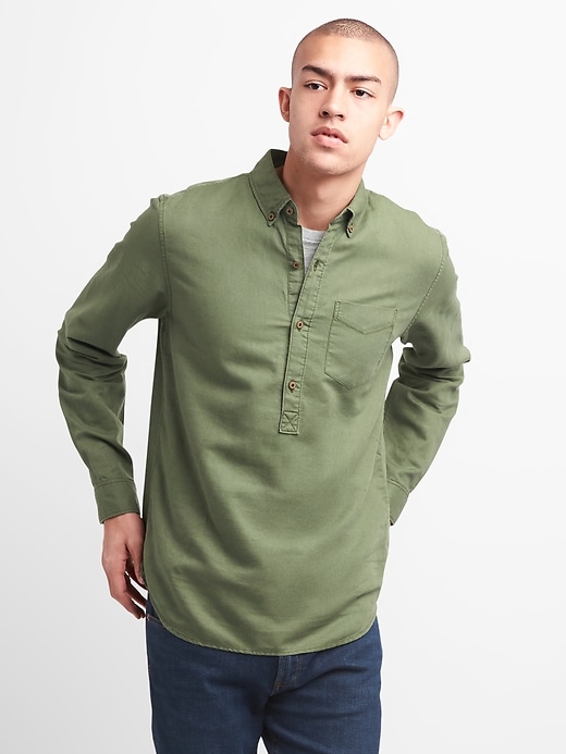 Image number 1 showing, Standard Fit Half-Button Shirt in Linen-Cotton
