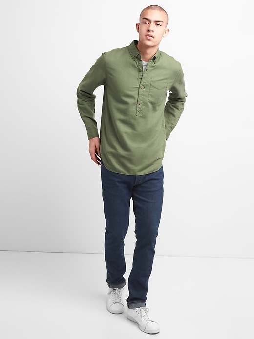 Image number 3 showing, Standard Fit Half-Button Shirt in Linen-Cotton
