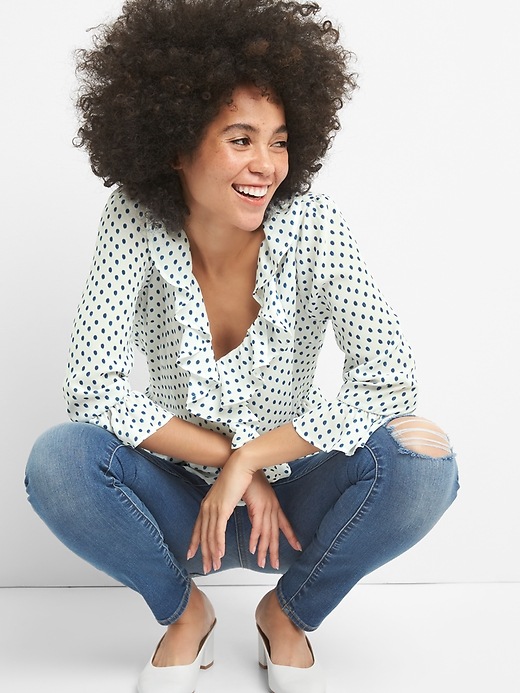 1 of 8 showing, with the color blue dot of product Wrap-Front Print Ruffle Blouse