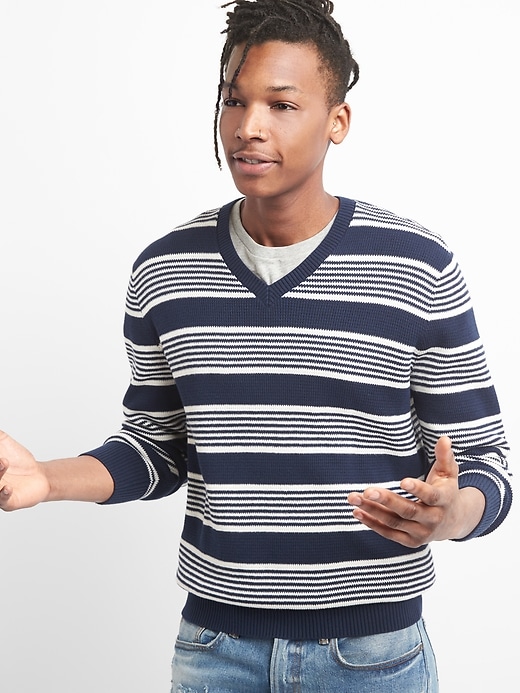 View large product image 1 of 1. Lightweight Stripe V-Neck Pullover Sweater