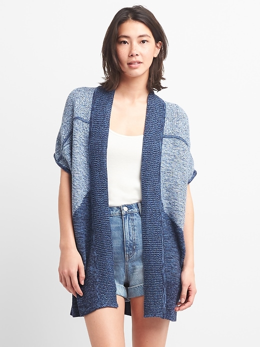 Image number 1 showing, Patchwork Open-Front Poncho Cardigan Sweater