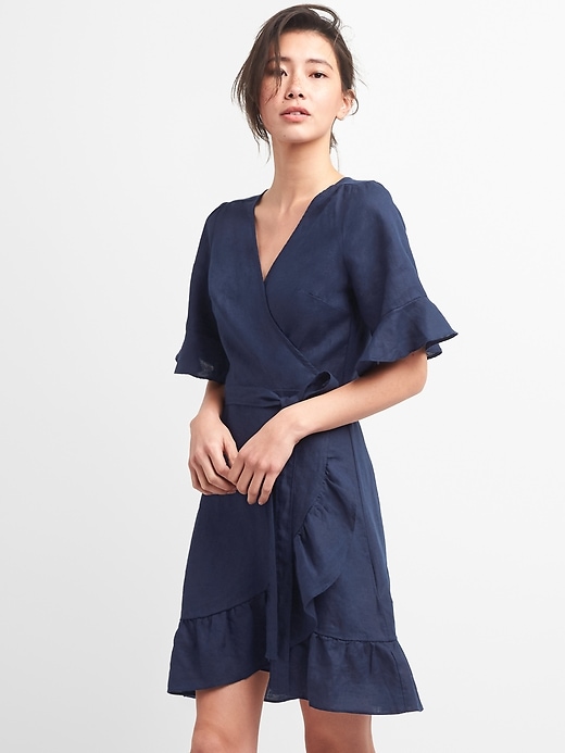 Ruffle Wrap Dress in Linen-Cotton