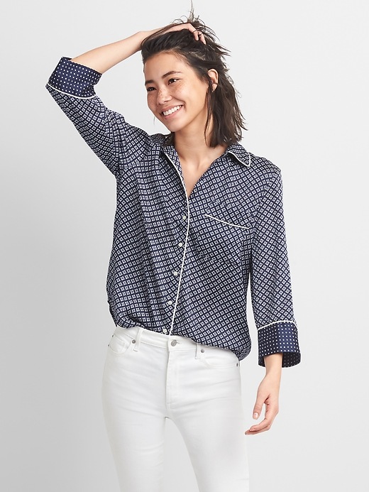 1 of 8 showing, with the color navy print of product Three-Quarter Sleeve Print Shirt