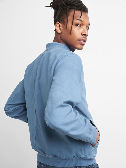 2 of 8 showing, with the color cornflower of product Color Linen Bomber Jacket