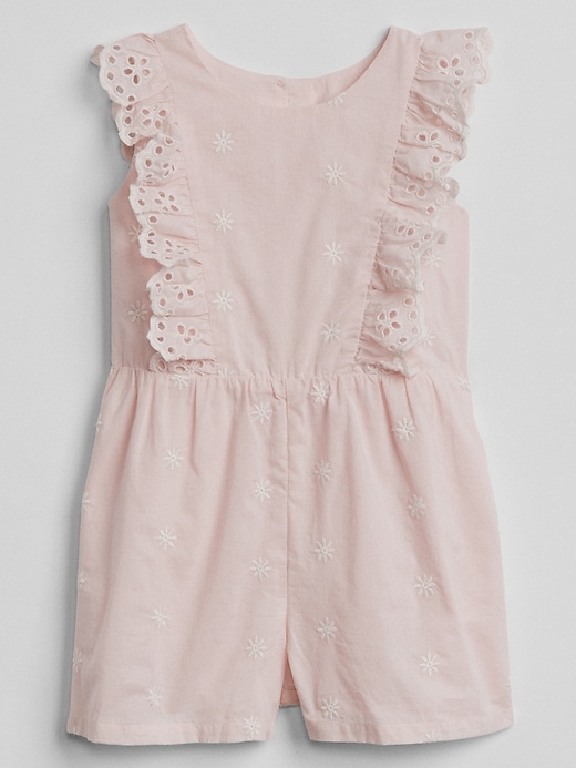 1 of 8 showing, with the color spring pink of product Eyelet Cascade Ruffle Romper