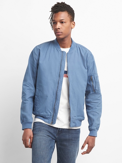 1 of 8 showing, with the color cornflower of product Color Linen Bomber Jacket