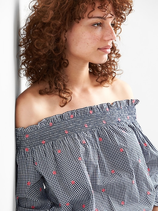 View large product image 1 of 1. Smocked Off-Shoulder Top in Poplin