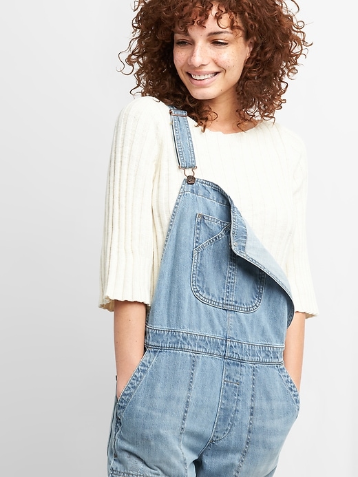 Image number 1 showing, Relaxed Denim Overalls with Distressed Detail