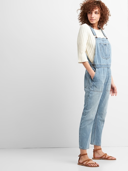 Image number 3 showing, Relaxed Denim Overalls with Distressed Detail