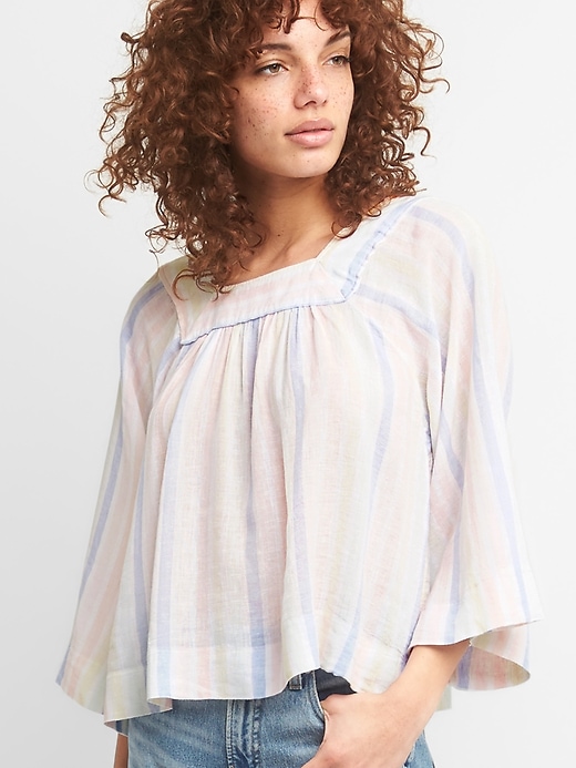 Image number 1 showing, Square-Neck Stripe Blouse in Linen