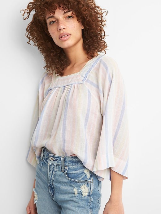 Image number 5 showing, Square-Neck Stripe Blouse in Linen