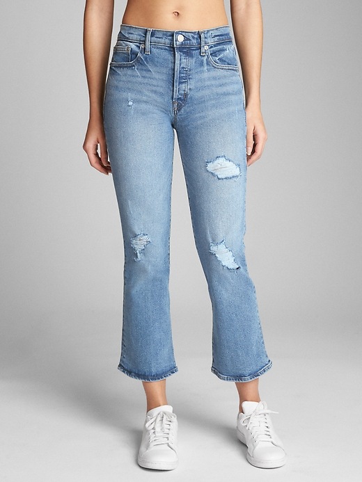 Image number 7 showing, High Rise Crop Kick Jeans with Distressed Detail