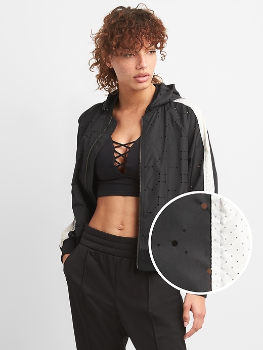 View large product image 1 of 7. GapFit Lightweight Perforated Hooded Bomber Jacket