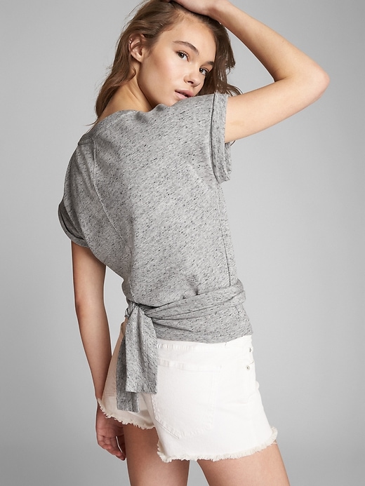 Image number 7 showing, Short Sleeve Split-Neck Wrap Top in French Terry