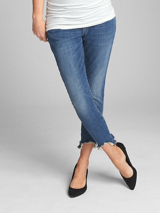 Image number 1 showing, Maternity Full Panel True Skinny Ankle Jeans in Distressed with Bi-Stretch