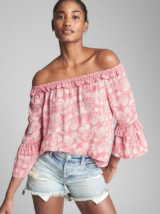 View large product image 1 of 1. Ruffle Off-Shoulder Print Top