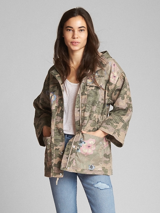 Image number 1 showing, Limited Edition Camo and Floral Print Hooded Utility Jacket