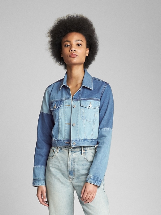 Image number 1 showing, Cropped Patchwork Denim Jacket