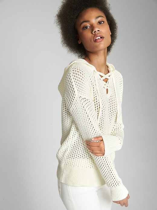 Image number 7 showing, Lace-Up Hooded Pullover Sweater