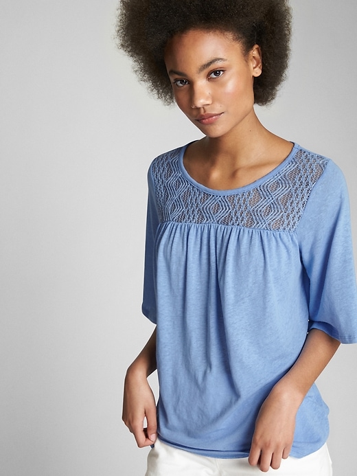 View large product image 1 of 1. Short Sleeve Crochet-Detail Top