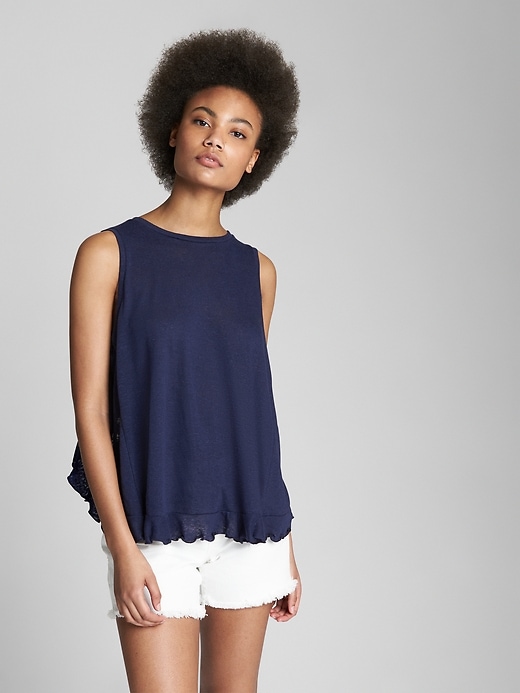 1 of 8 showing, with the color dark night of product Sleeveless Ruffle Open-Back Top