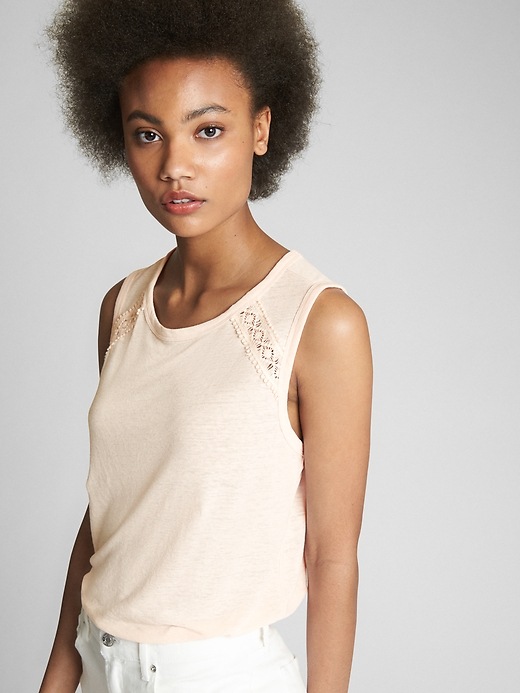 View large product image 1 of 1. Sleeveless Crochet Insert T-Shirt in Linen Jersey