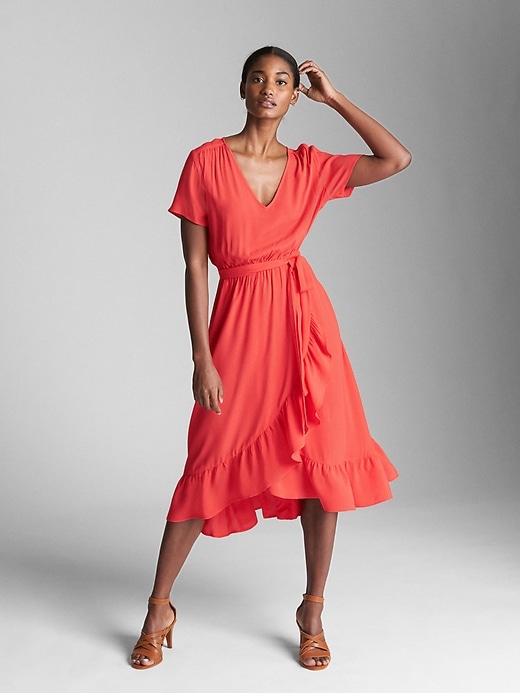 View large product image 1 of 1. Wrap Ruffle Midi Dress